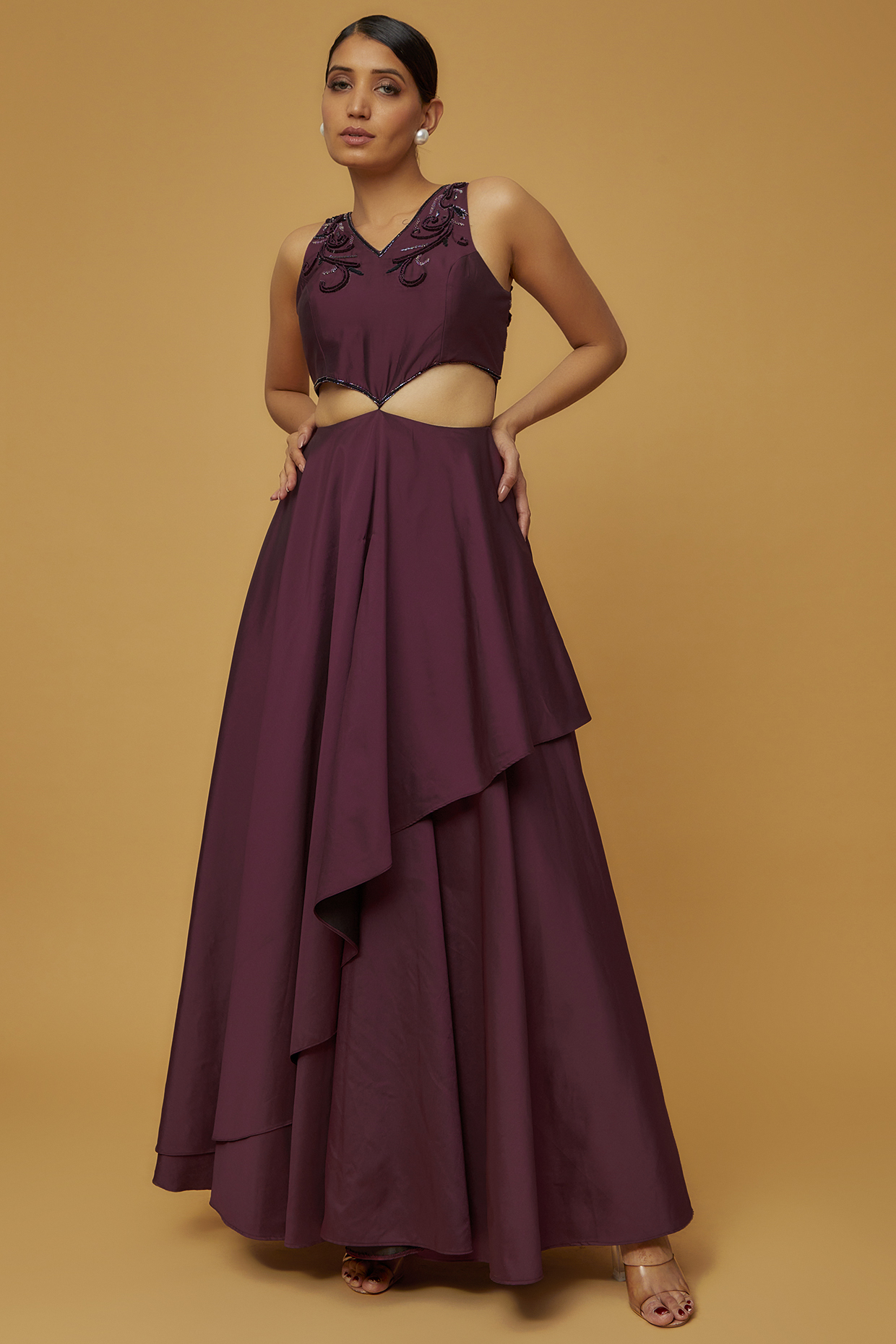 Wine Taffeta Embroidered Layered Gown by Mehak Murpana